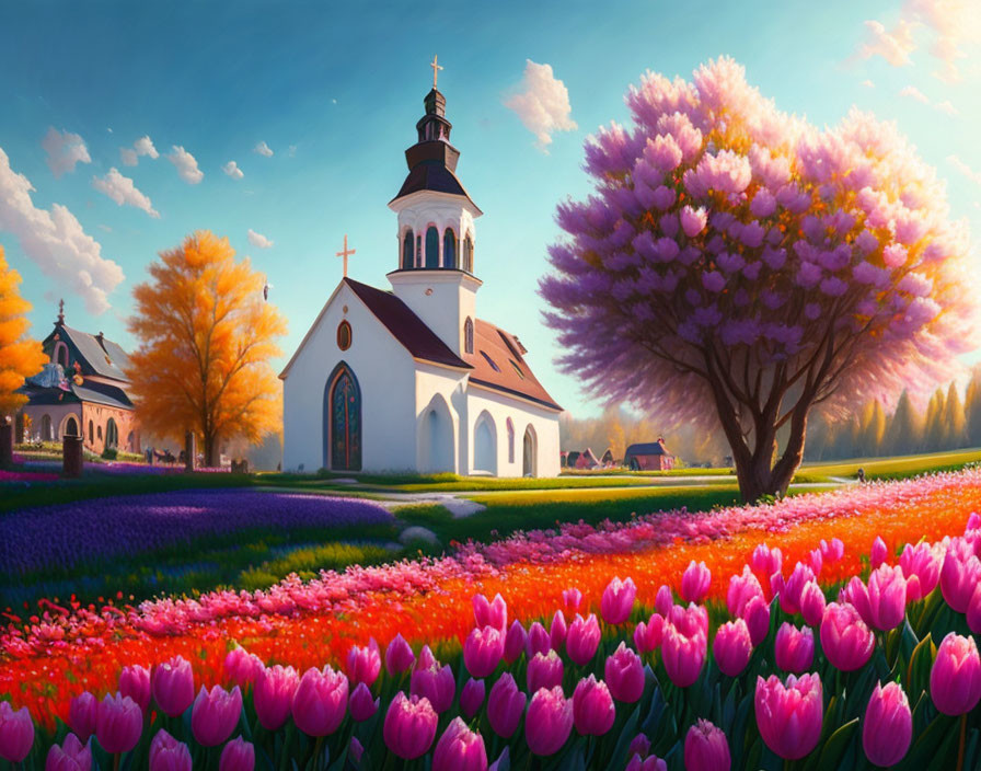 Colorful Spring Landscape with Church, Pink Tree, and Tulips