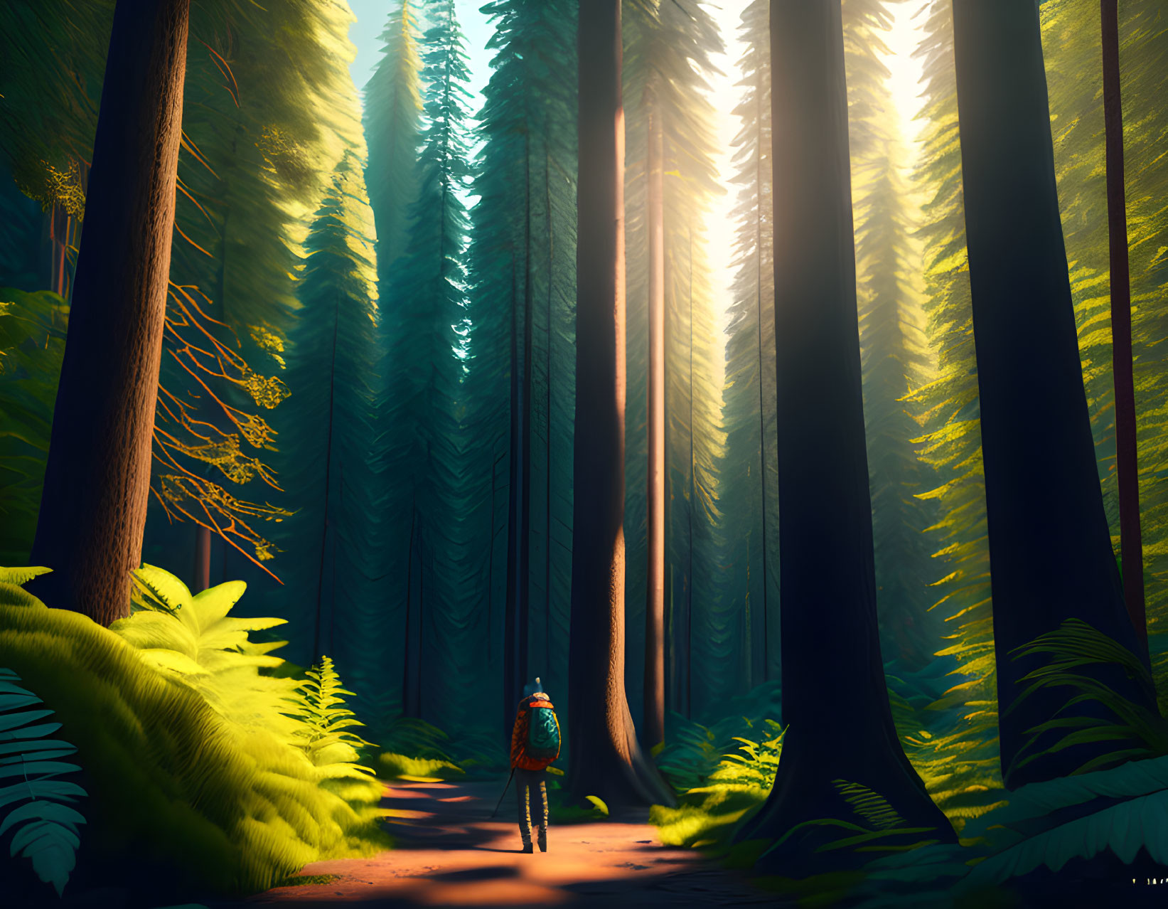 Person with backpack in sunlit forest among towering trees