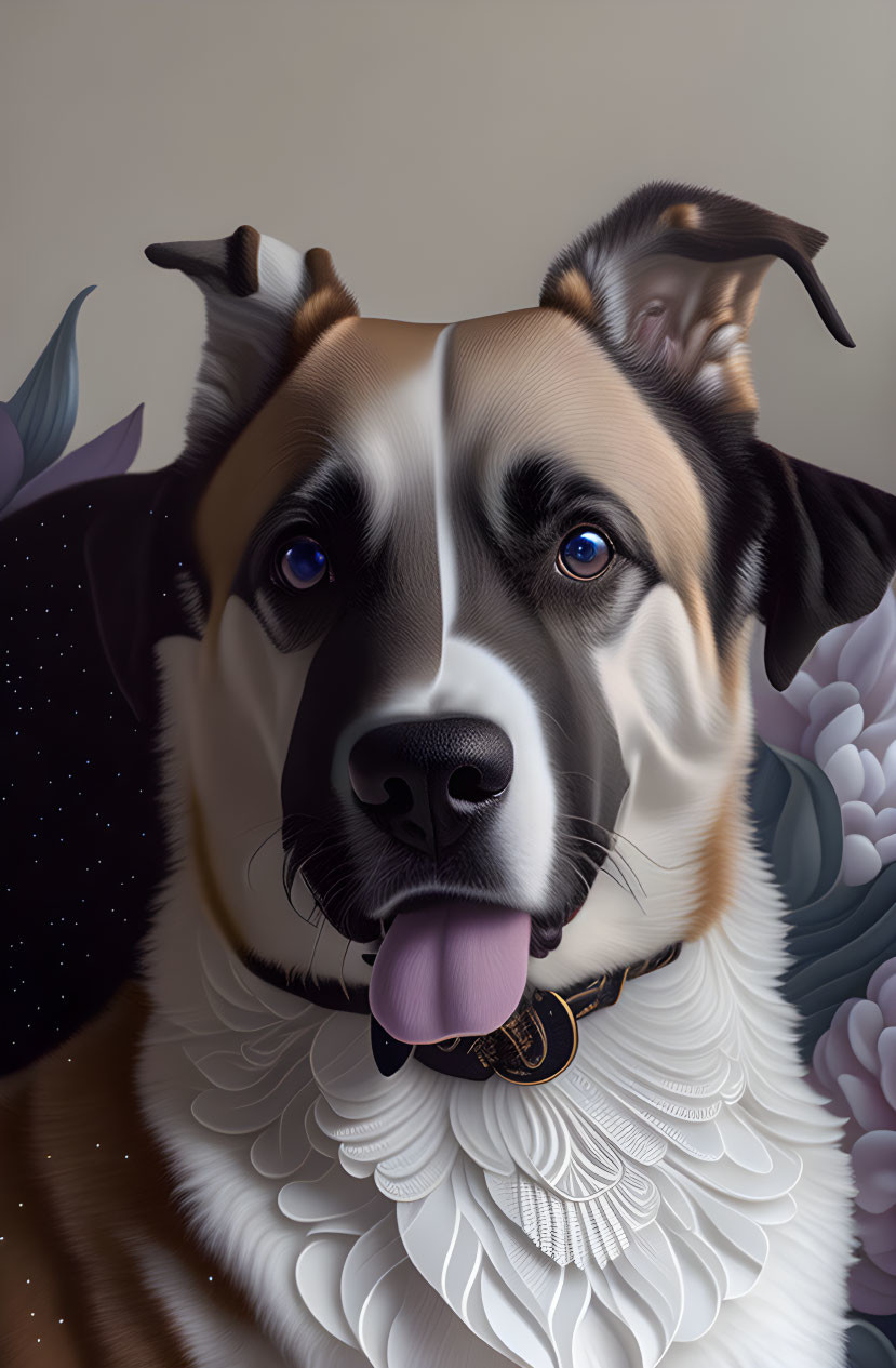 Detailed stylized dog illustration with black and brown coat and blue eyes in floral and starry setting