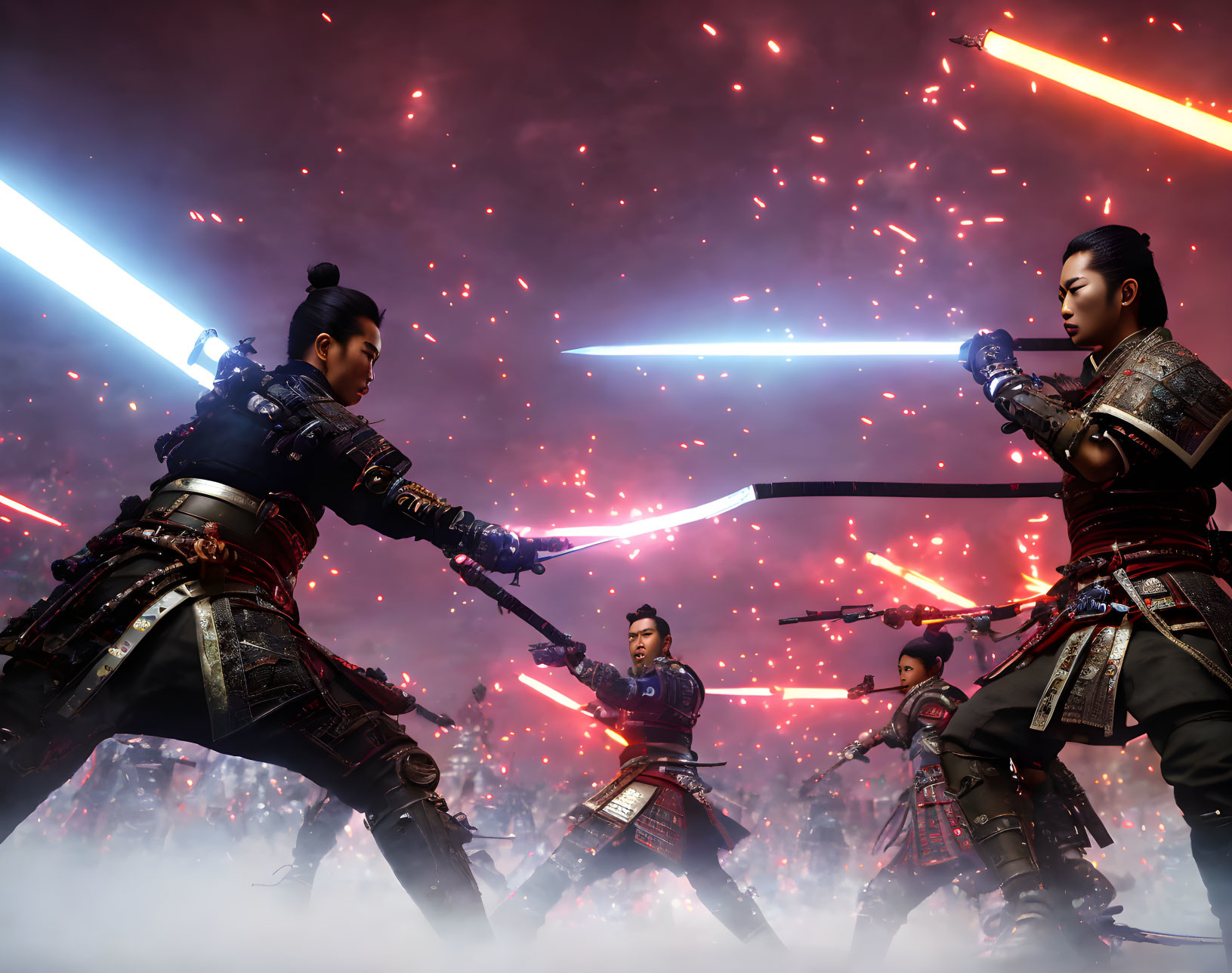 Warriors in traditional armor duel with glowing swords on a red-lit battlefield