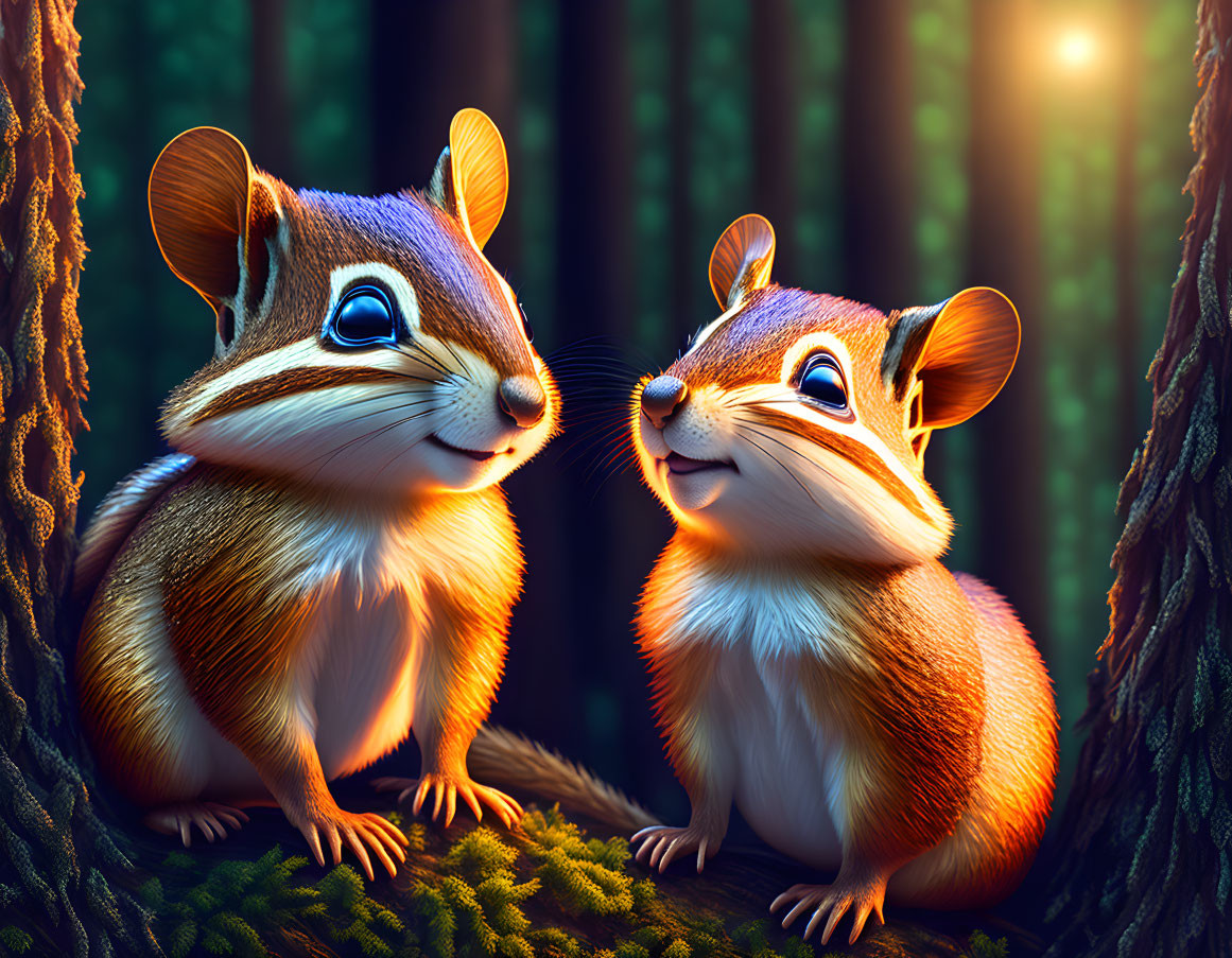 Animated chipmunks in magical forest with sunshine filtering through trees