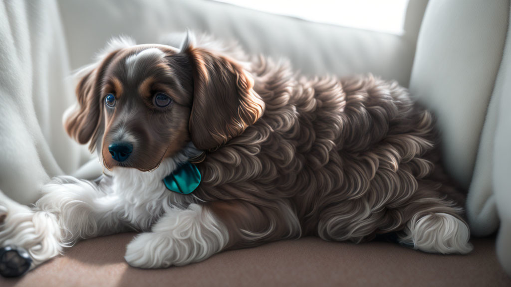 Brown and White Dog with Wavy Fur and Blue Collar Resting on Beige Sofa