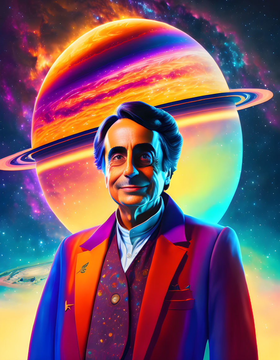 Distinguished man with styled mustache in space-themed suit illustration