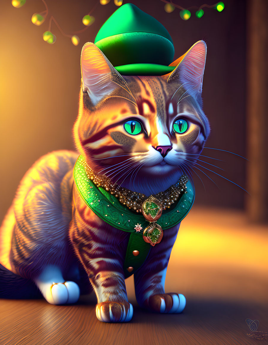 Stylized cat digital artwork with blue eyes and green hat in warm background