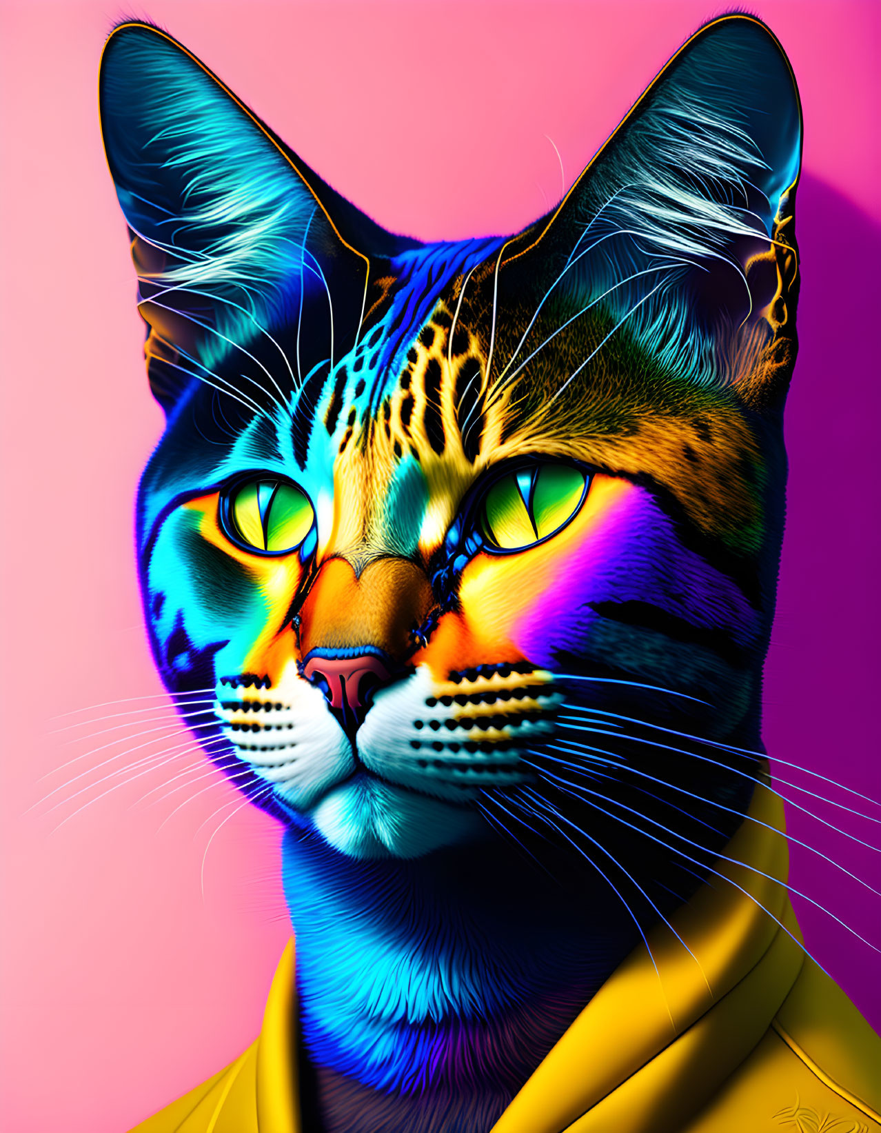 Colorful Digital Art: Cat in Human-like Posture, Yellow Coat on Pink Background