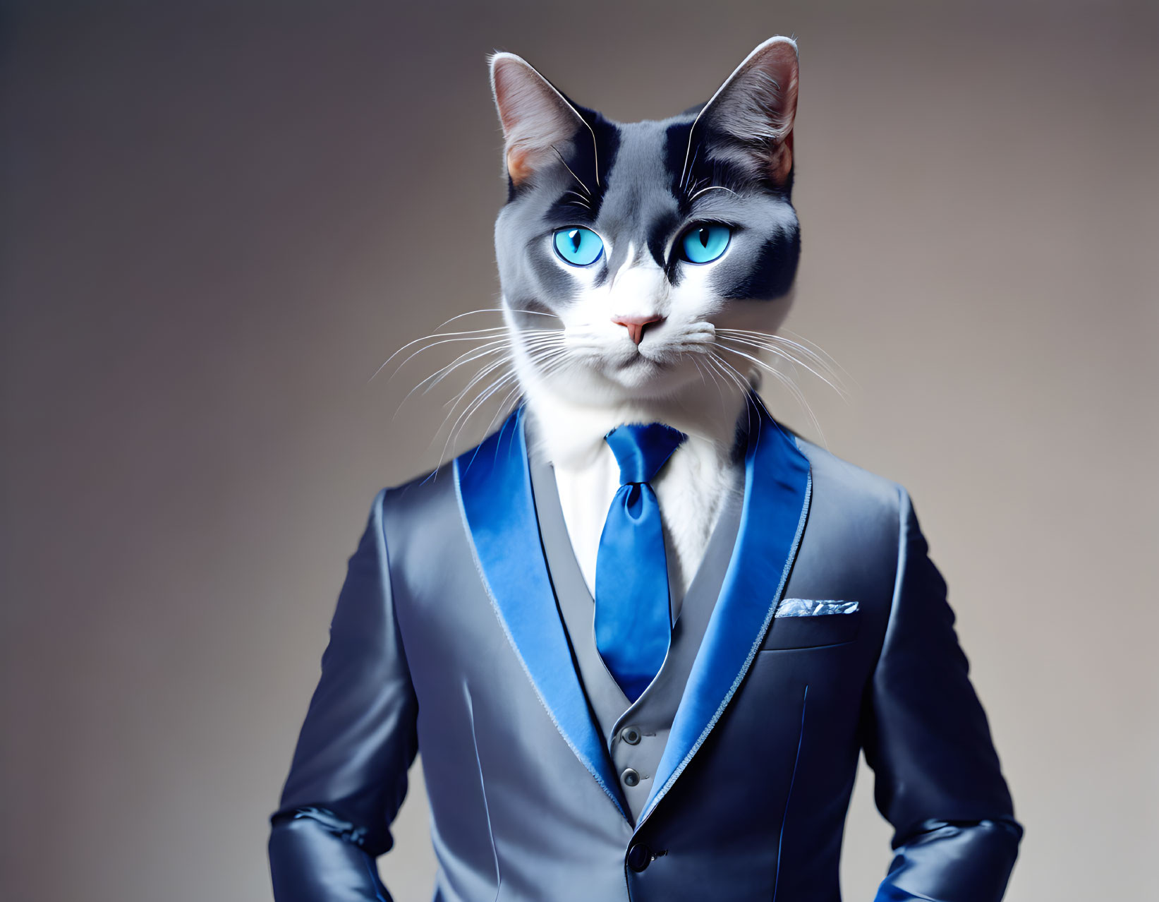 Cat head on human body in blue suit against neutral backdrop
