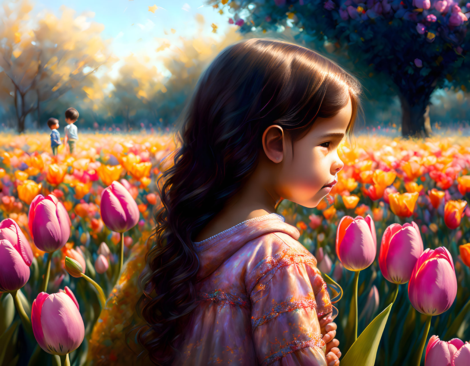 Young girl with wavy hair admires tulip field with children and trees in background