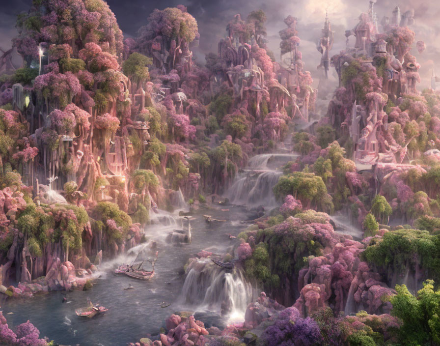 Fantasy landscape with pink cherry blossom trees, cliffs, waterfalls, river, boats, and eth