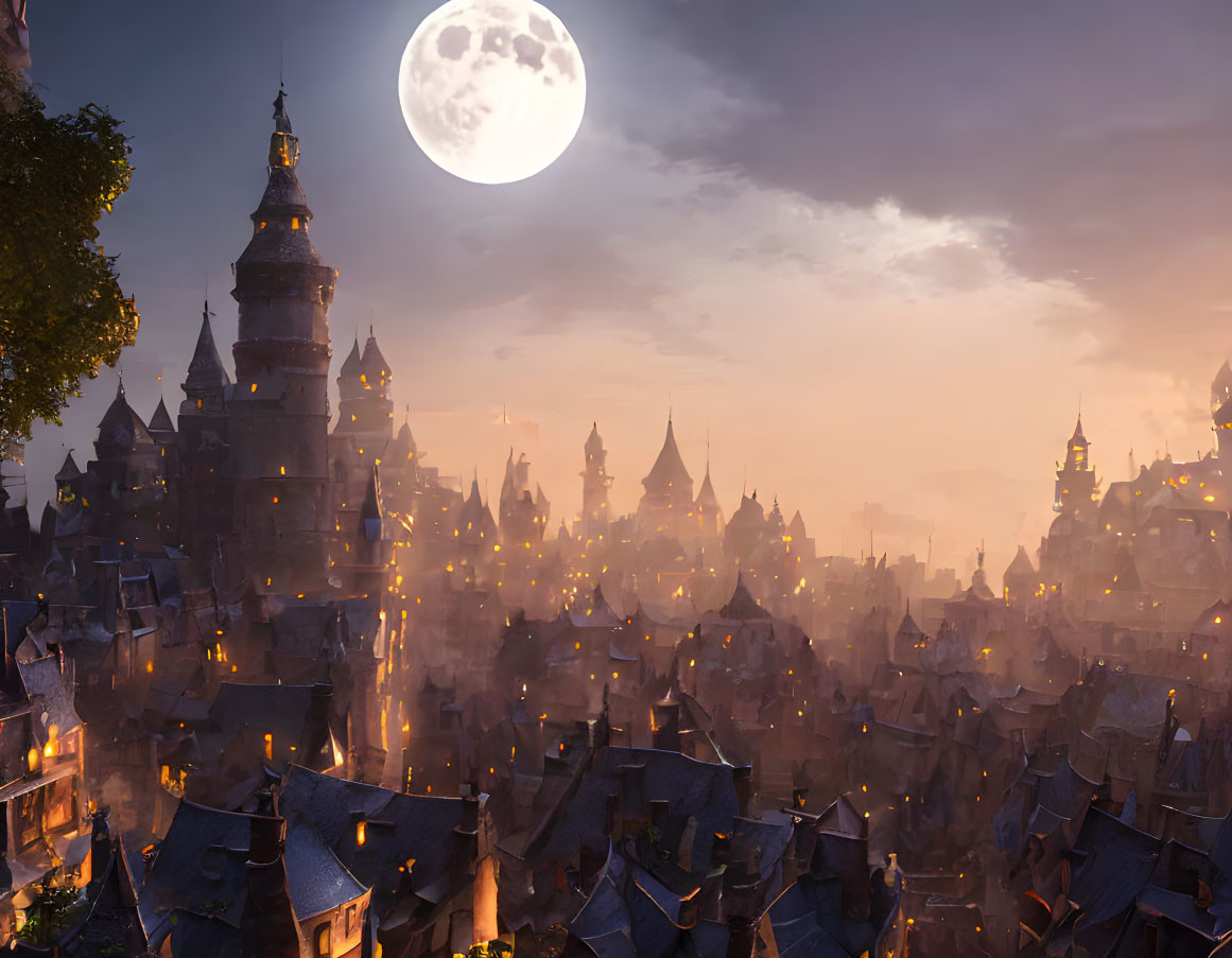 Medieval town under full moon: spires, glowing windows, warm mist.