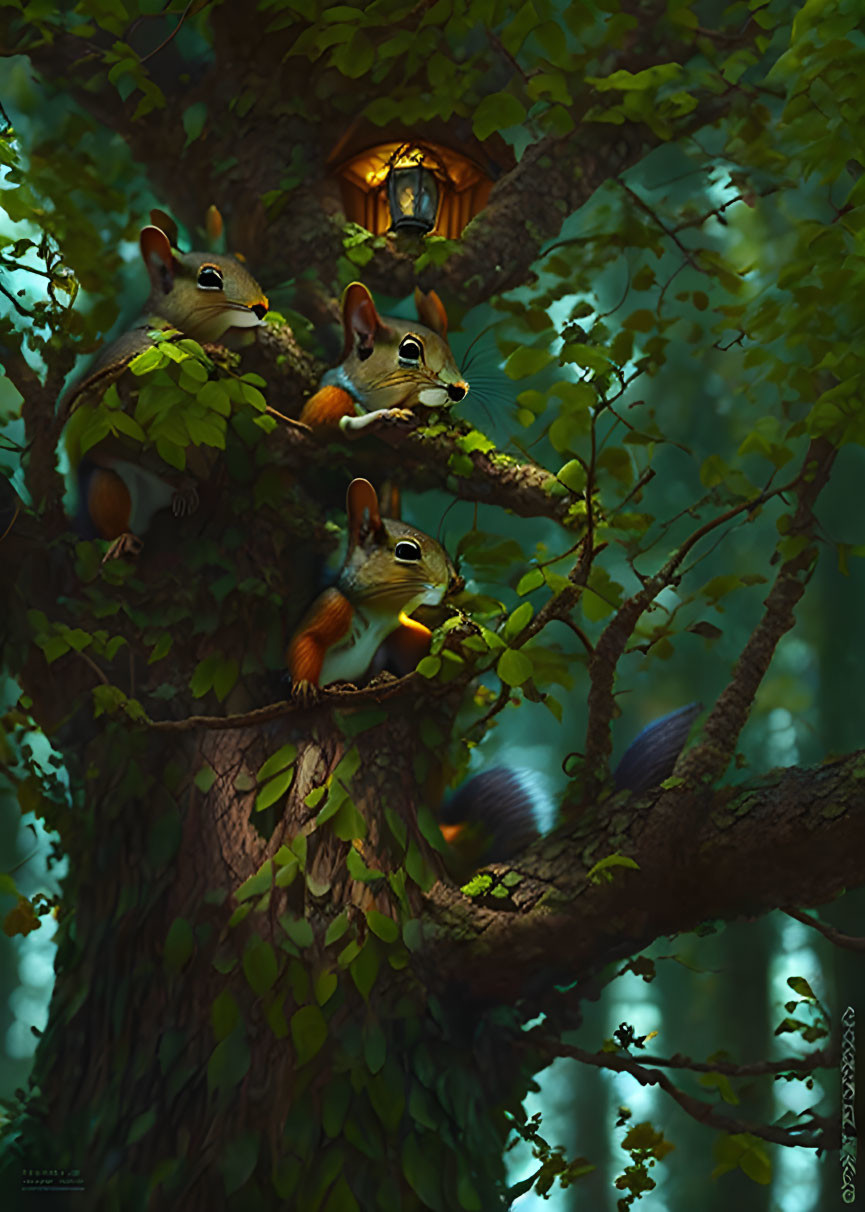 Three squirrels on a tree with glowing lantern and lush green foliage