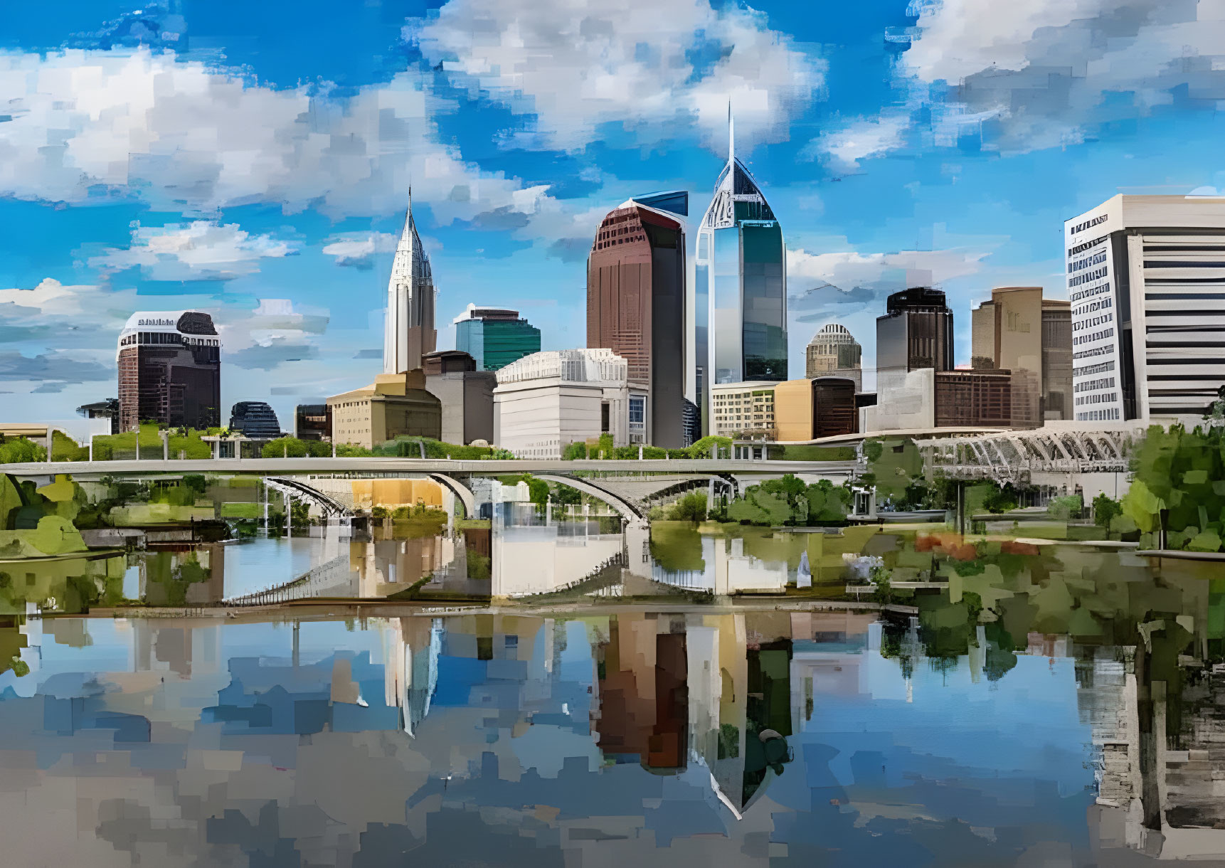 Modern city skyline with skyscrapers reflecting in river under cloudy sky