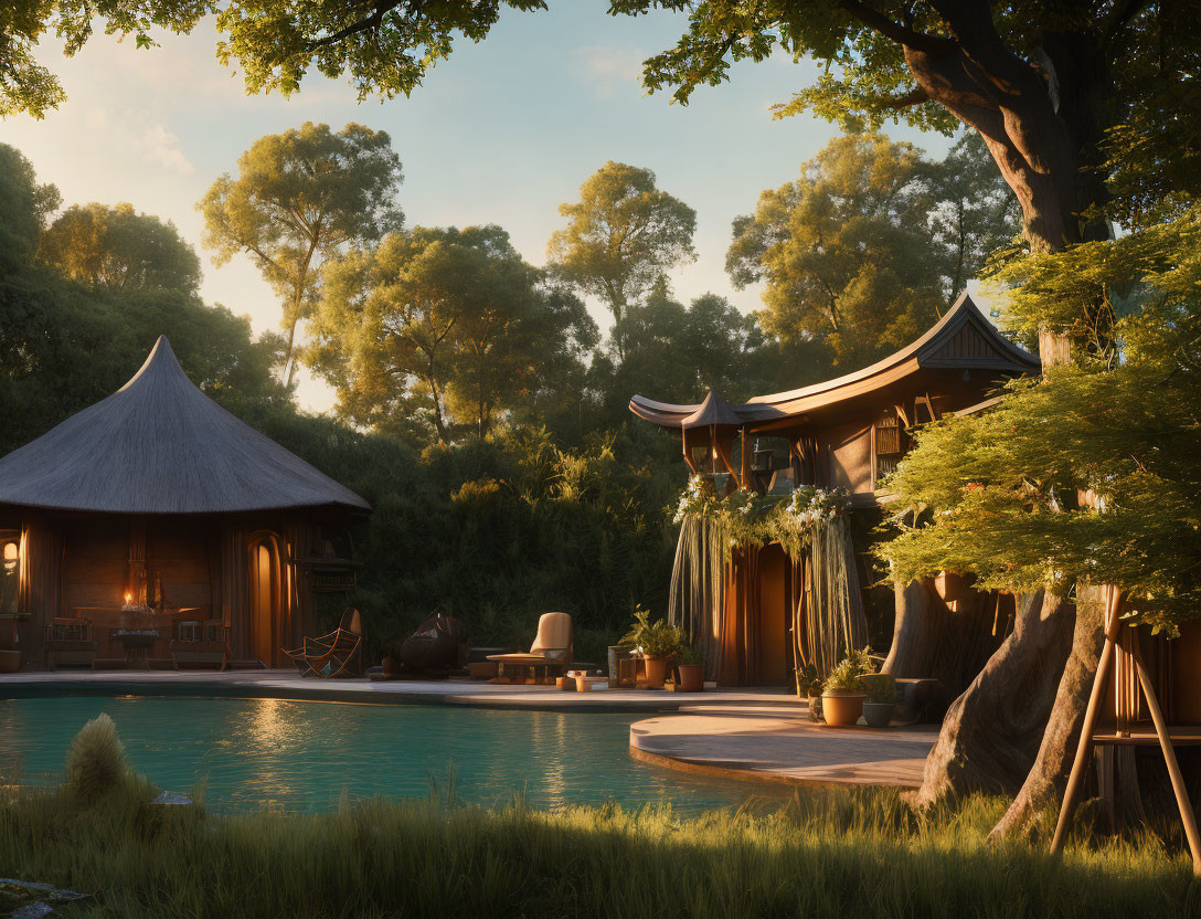 Traditional-style buildings and lush trees by serene poolside at sunset