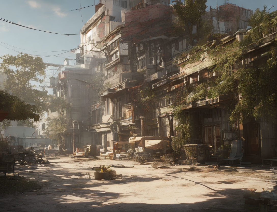 Serene urban street with overgrown plants and abandoned buildings