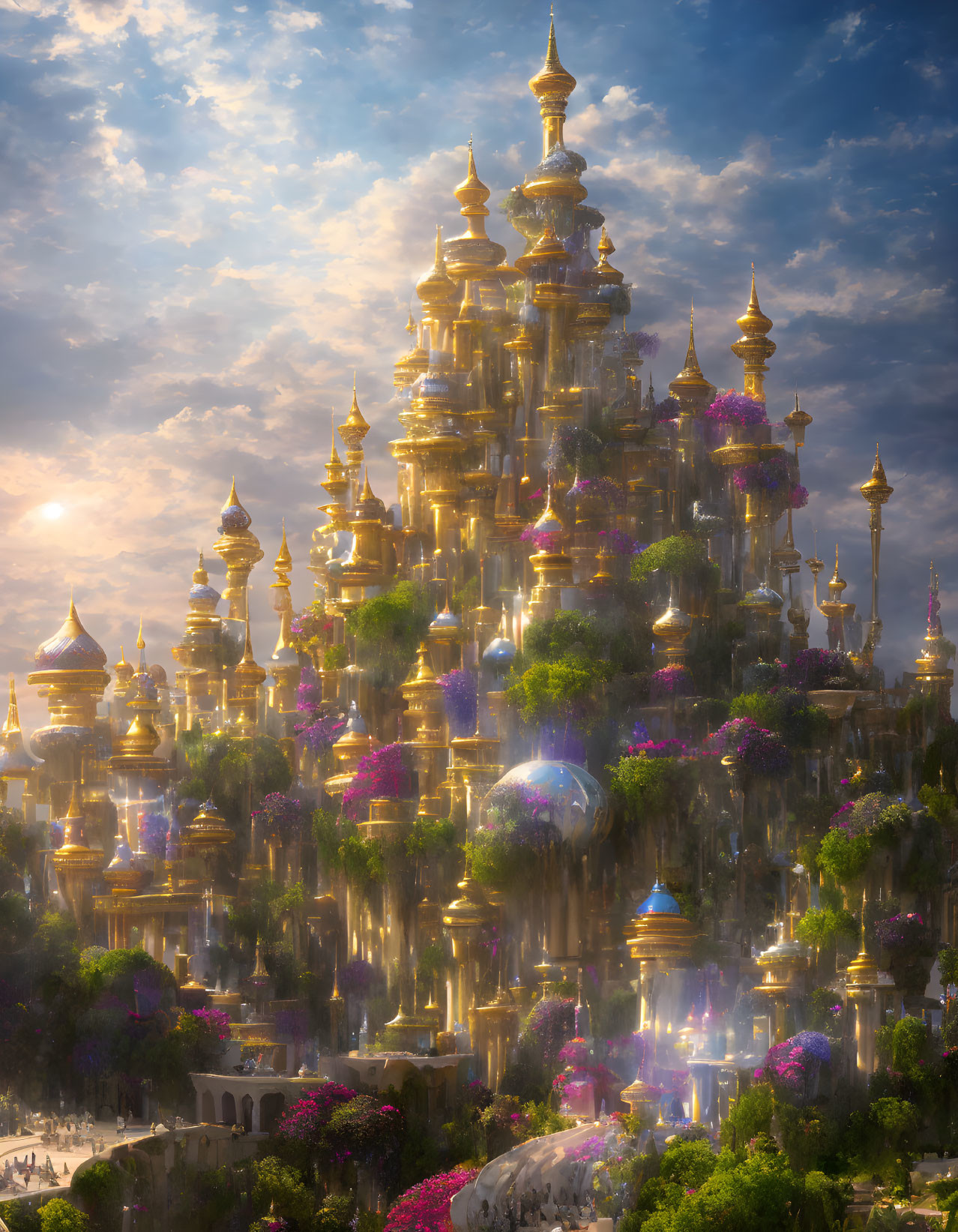 Fantastical cityscape with golden towers, lush vegetation, glowing light, bubbles, and vibrant flowers