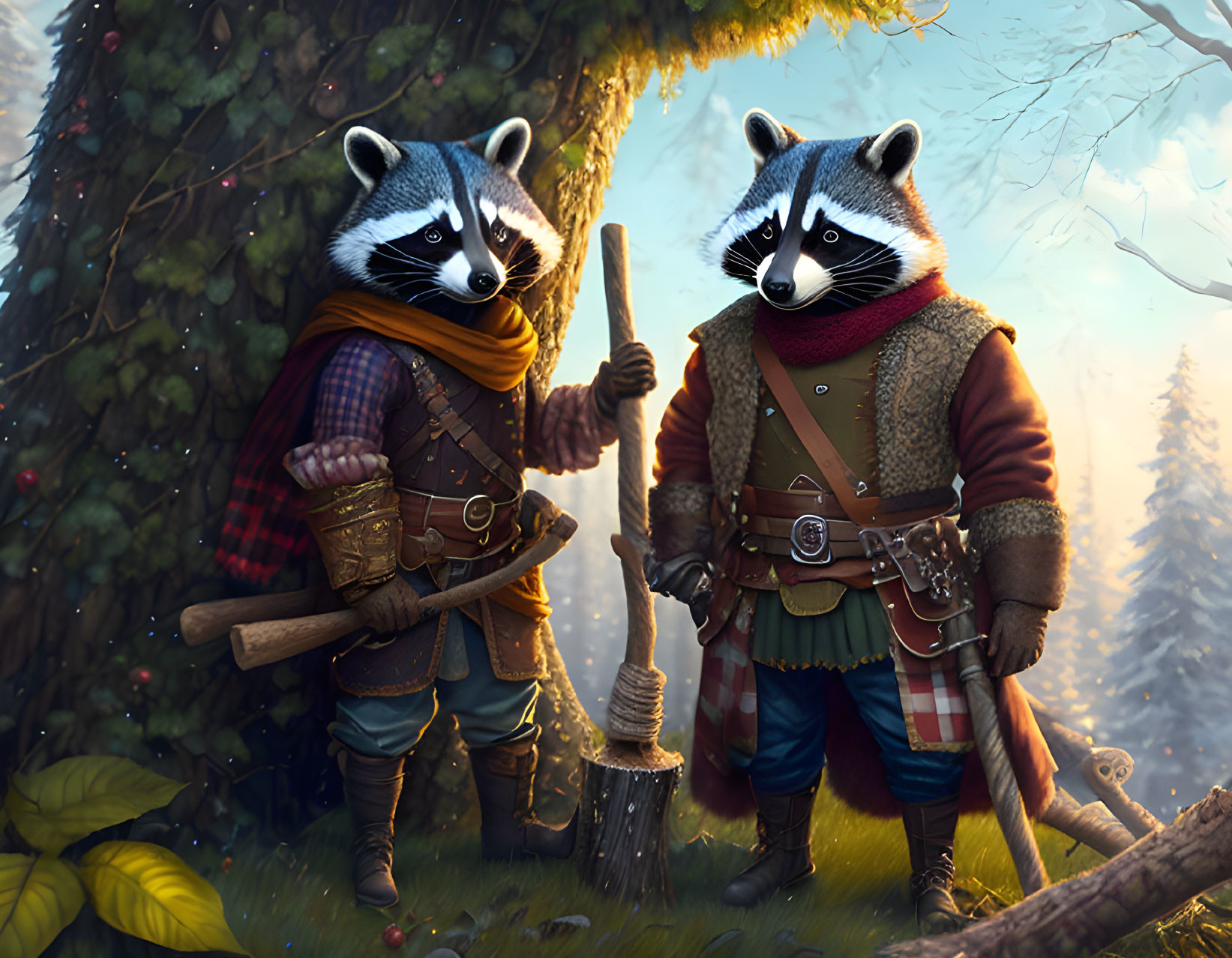 Anthropomorphic raccoons in medieval attire with ax and walking stick