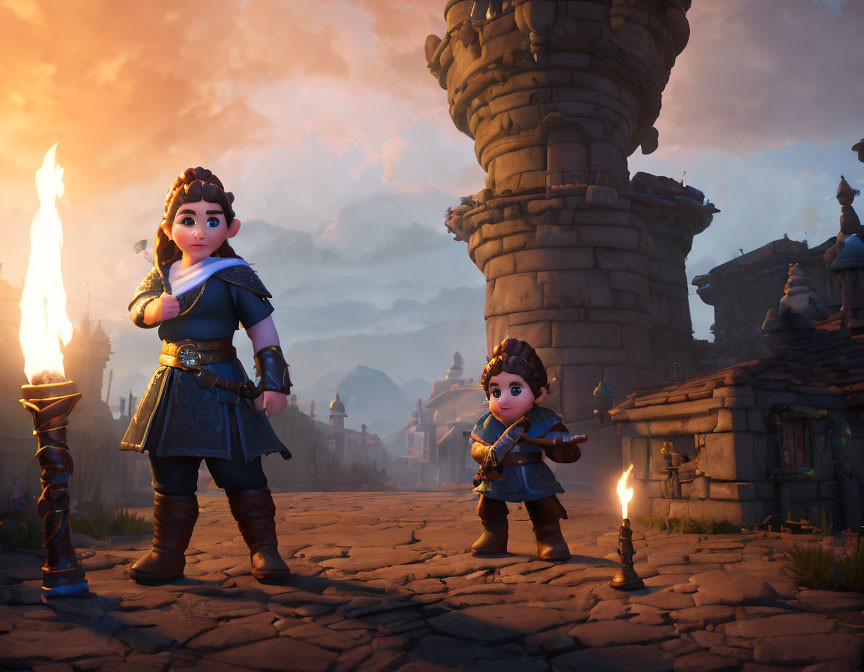 Medieval-themed animated characters in cobblestone courtyard at dusk