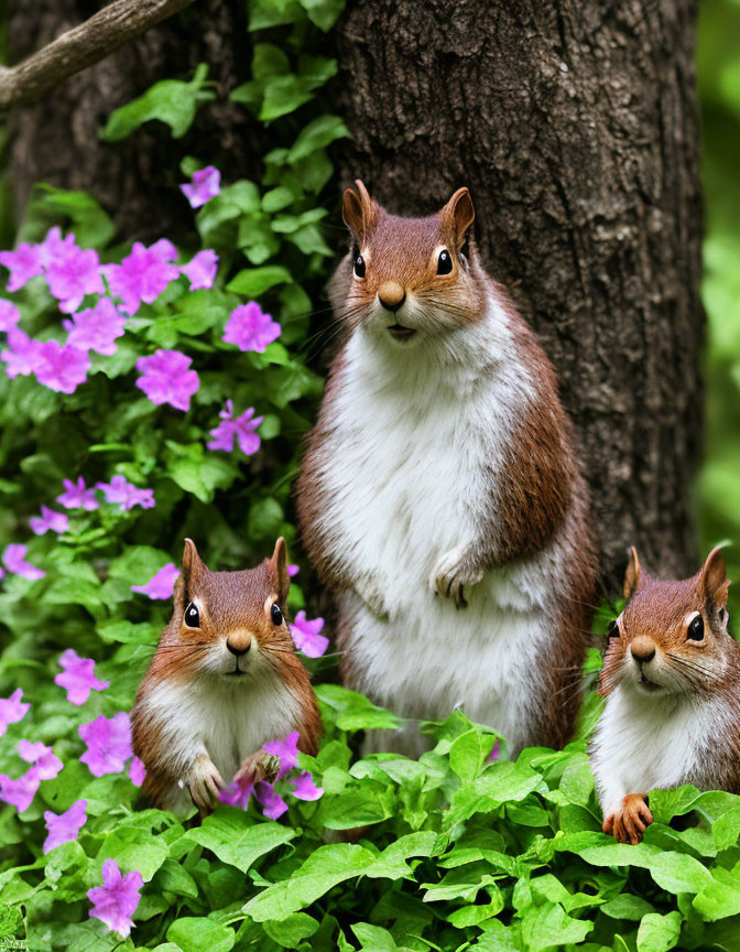 Three squirrels in green foliage and purple flowers, one sitting upright.