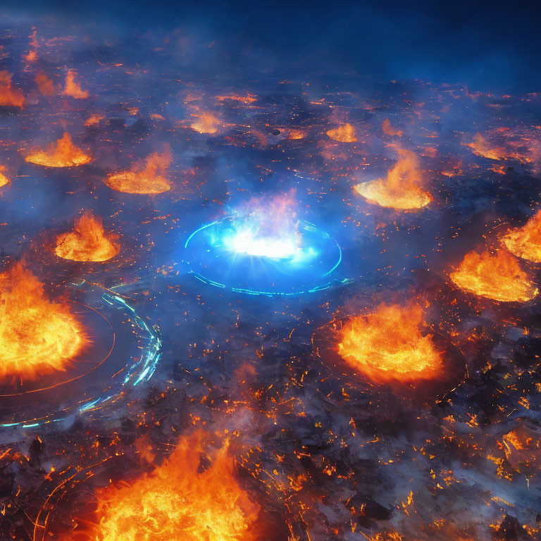 Futuristic city ablaze with blue energy shield amidst fire