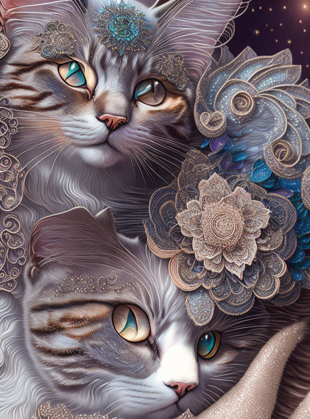 Intricate cosmic patterns on two cats against starry backdrop