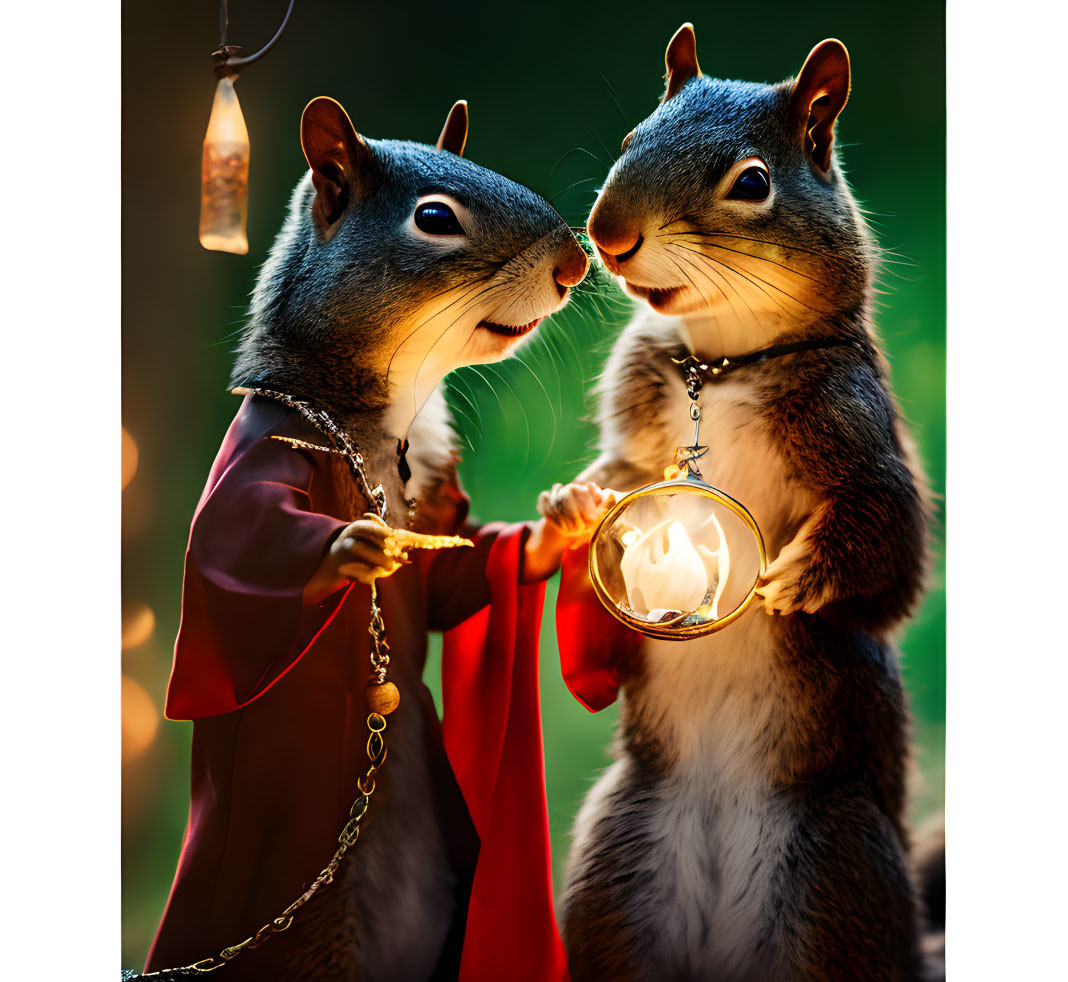 Medieval-themed artwork of two squirrels with glowing orb and chain