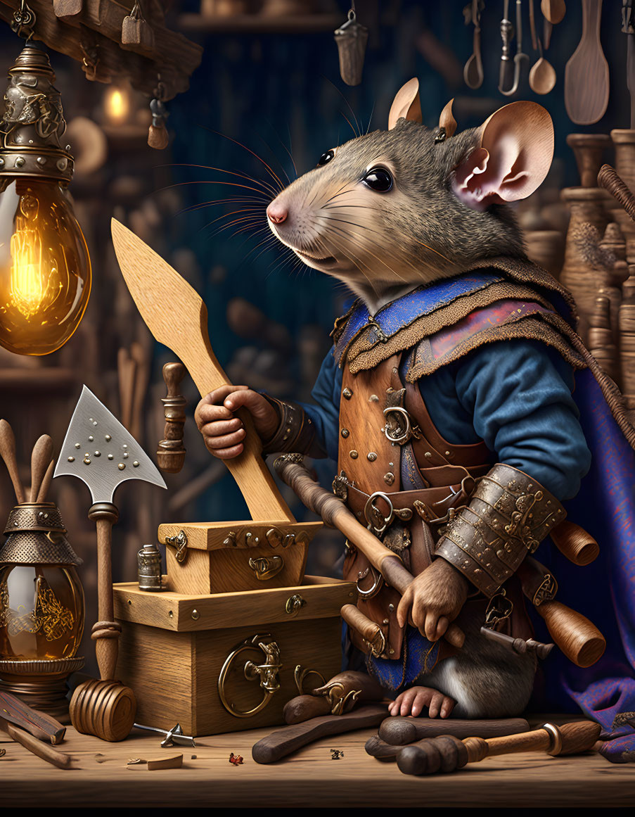 Medieval-themed anthropomorphic rat with wooden sword in artisan workshop