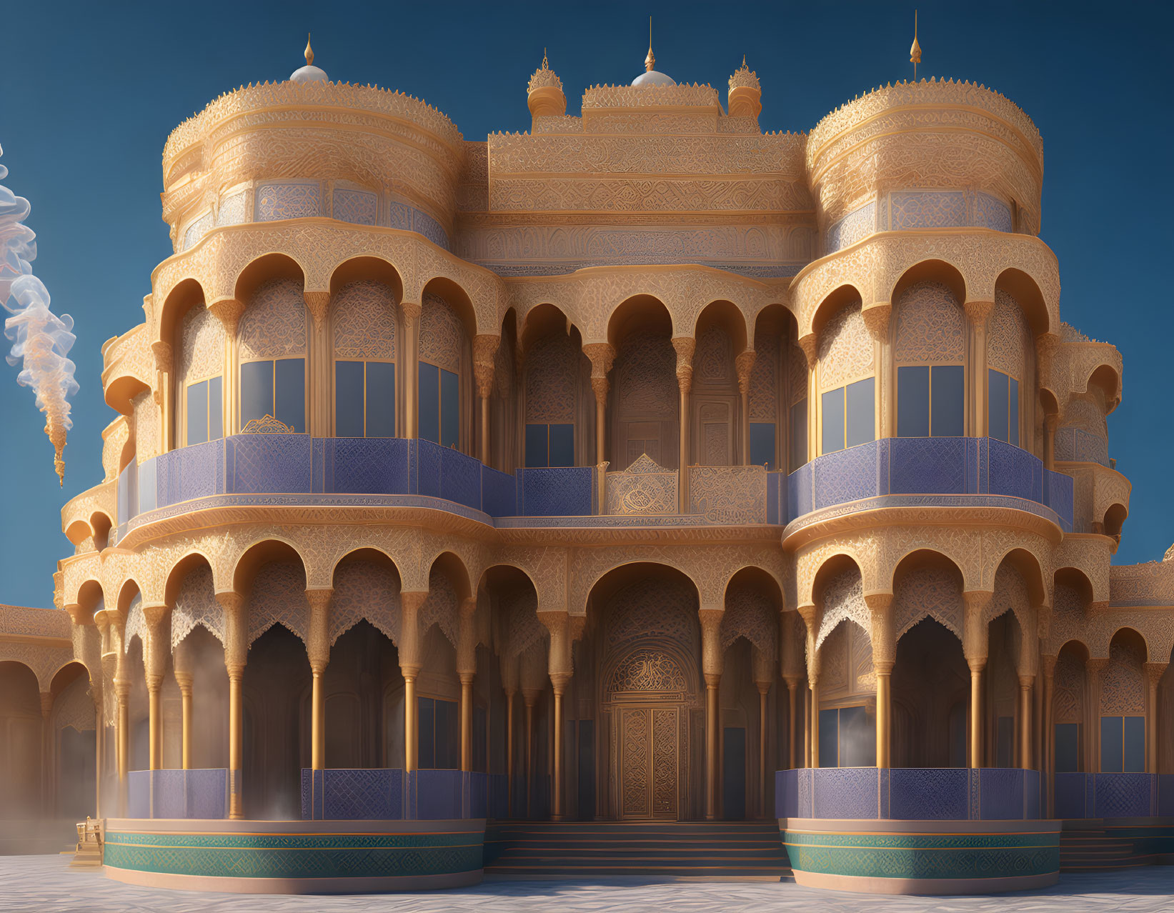 Intricate Islamic palace with golden domes and arched windows