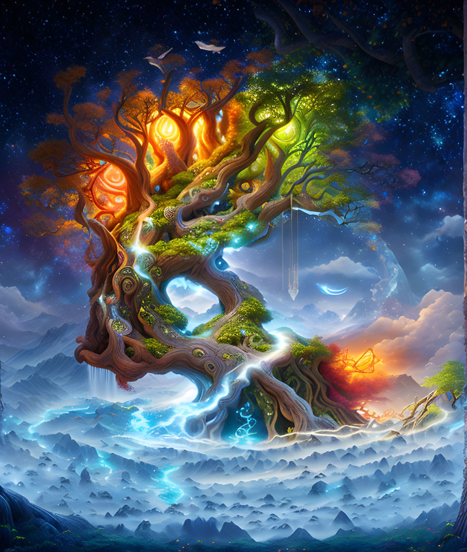 Vibrant colossal tree representing four seasons in mystical landscape