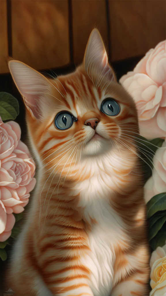 Detailed Painting of Ginger Tabby Kitten with Blue Eyes and Pink Roses