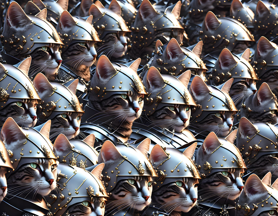 Numerous cats in Viking helmets and armor for a whimsical army.