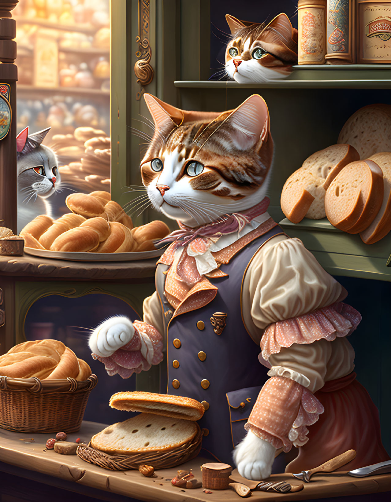 Anthropomorphic cats in bakery scene with 18th-century attire and pastries