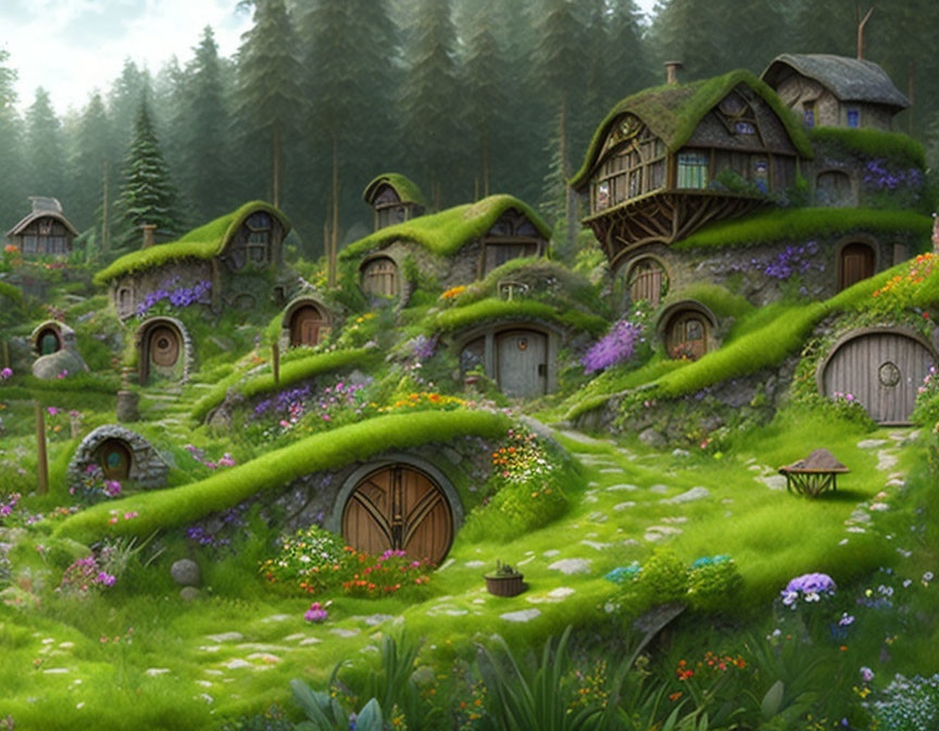 Whimsical hillside hobbit homes in lush, green landscape