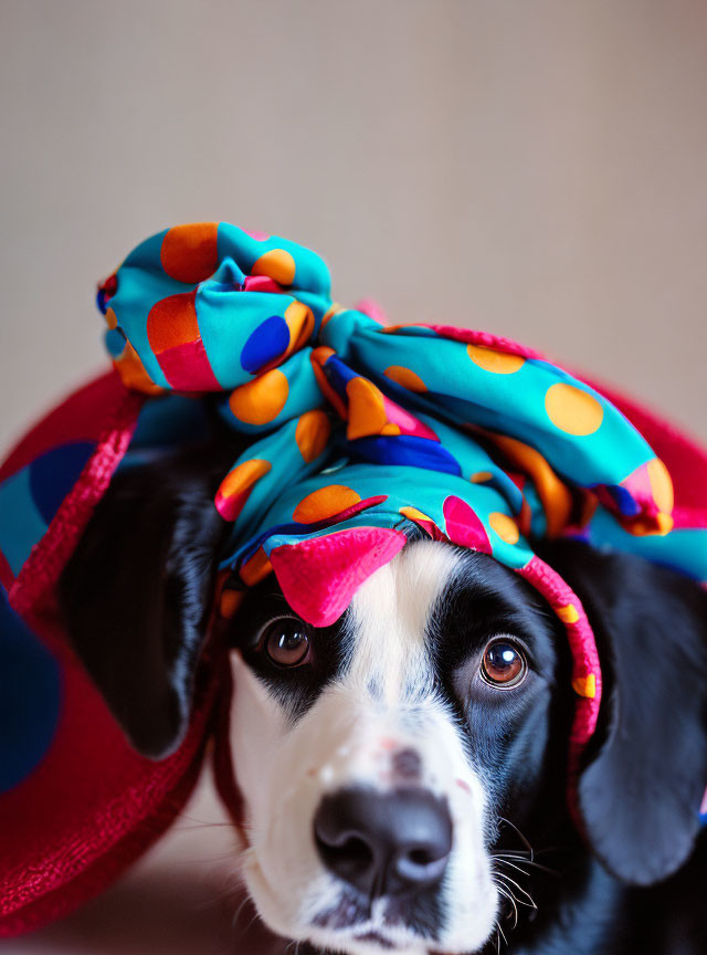 Multicolored polka dot headscarf on dog with soulful eyes