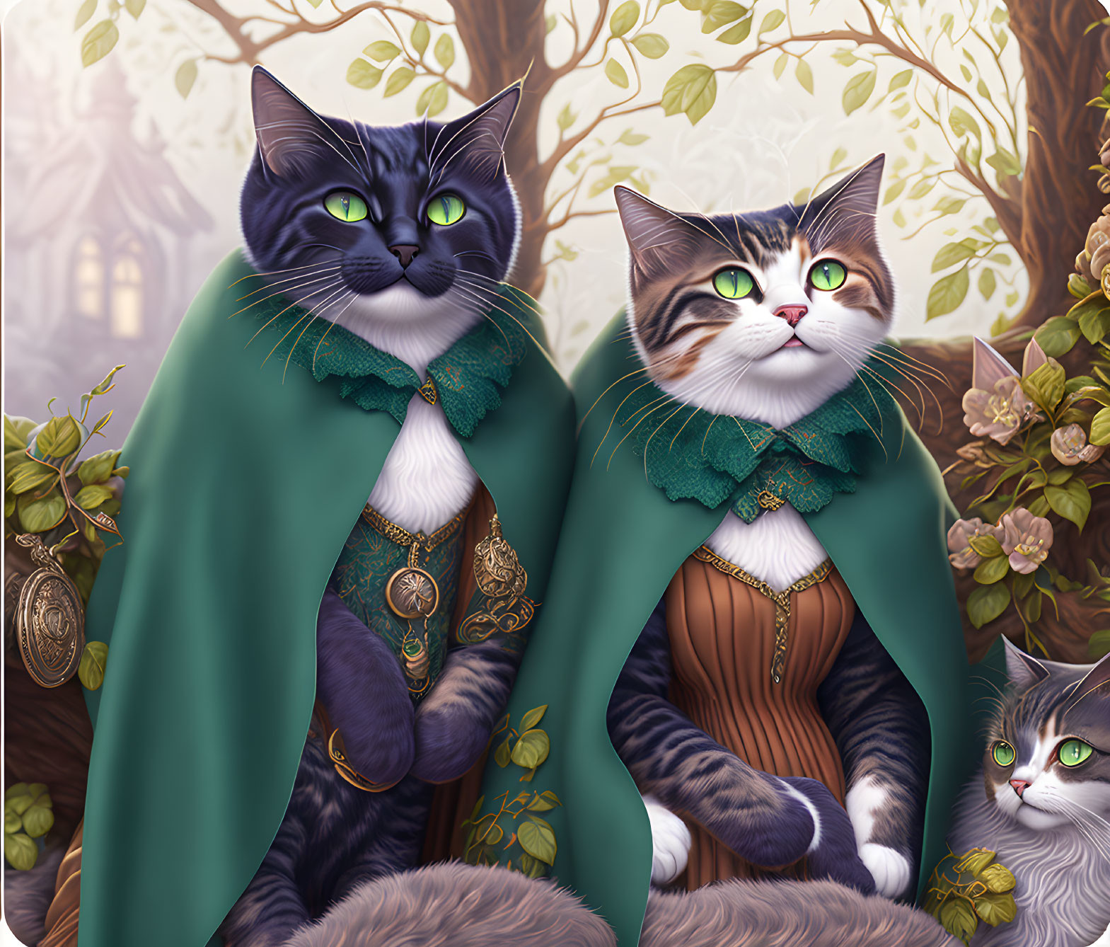 Anthropomorphic Cats in Medieval Costumes Against Whimsical Background