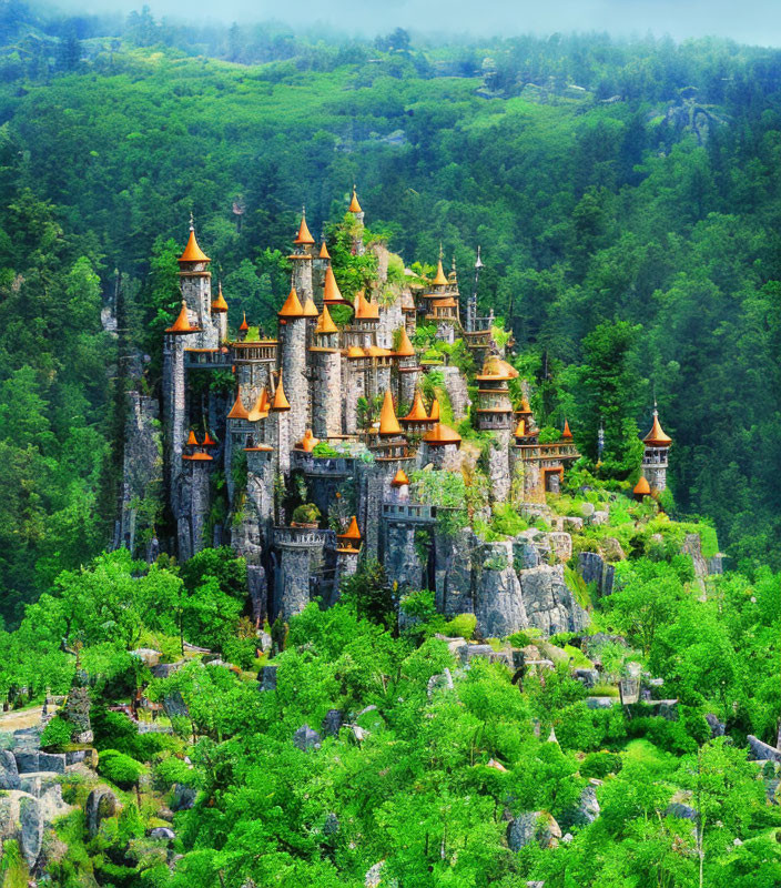 Majestic castle with orange roofs on lush green hill surrounded by dense forest