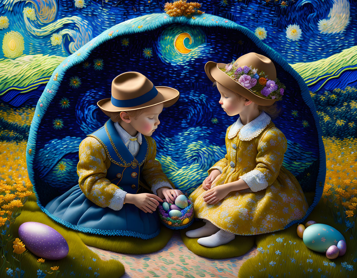 Children exchange Easter eggs under Van Gogh-inspired starry night sky