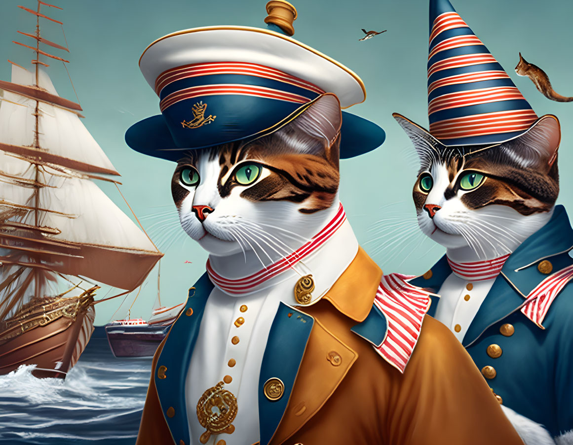 Vintage naval officer cats with ship and seagull in background