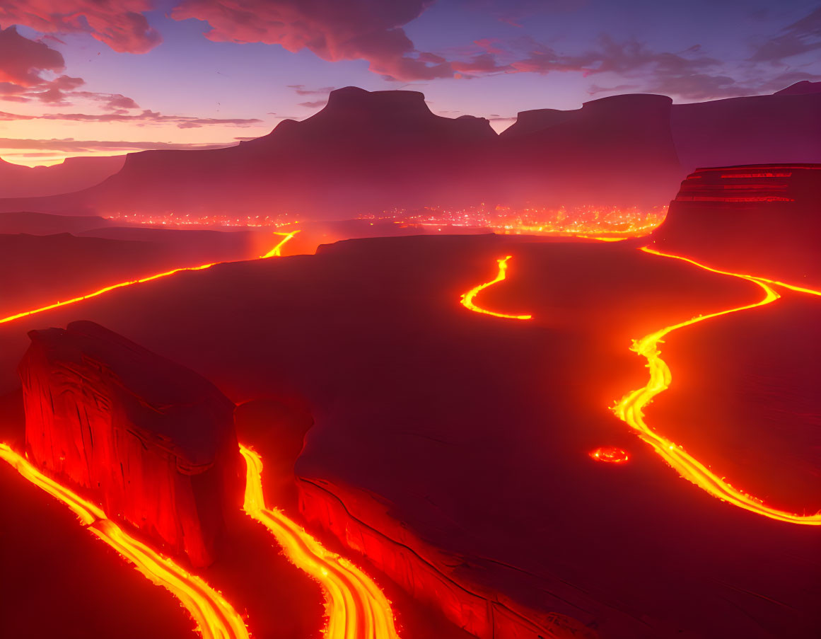 Vivid sunset volcanic landscape with red lava flows in dark terrain