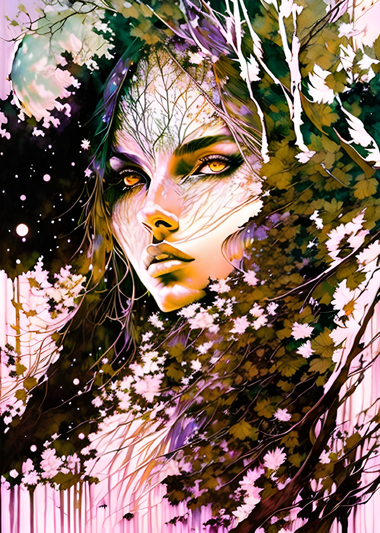 Woman's Face Blending with Cosmic and Botanical Elements: Mystical Artistic Representation