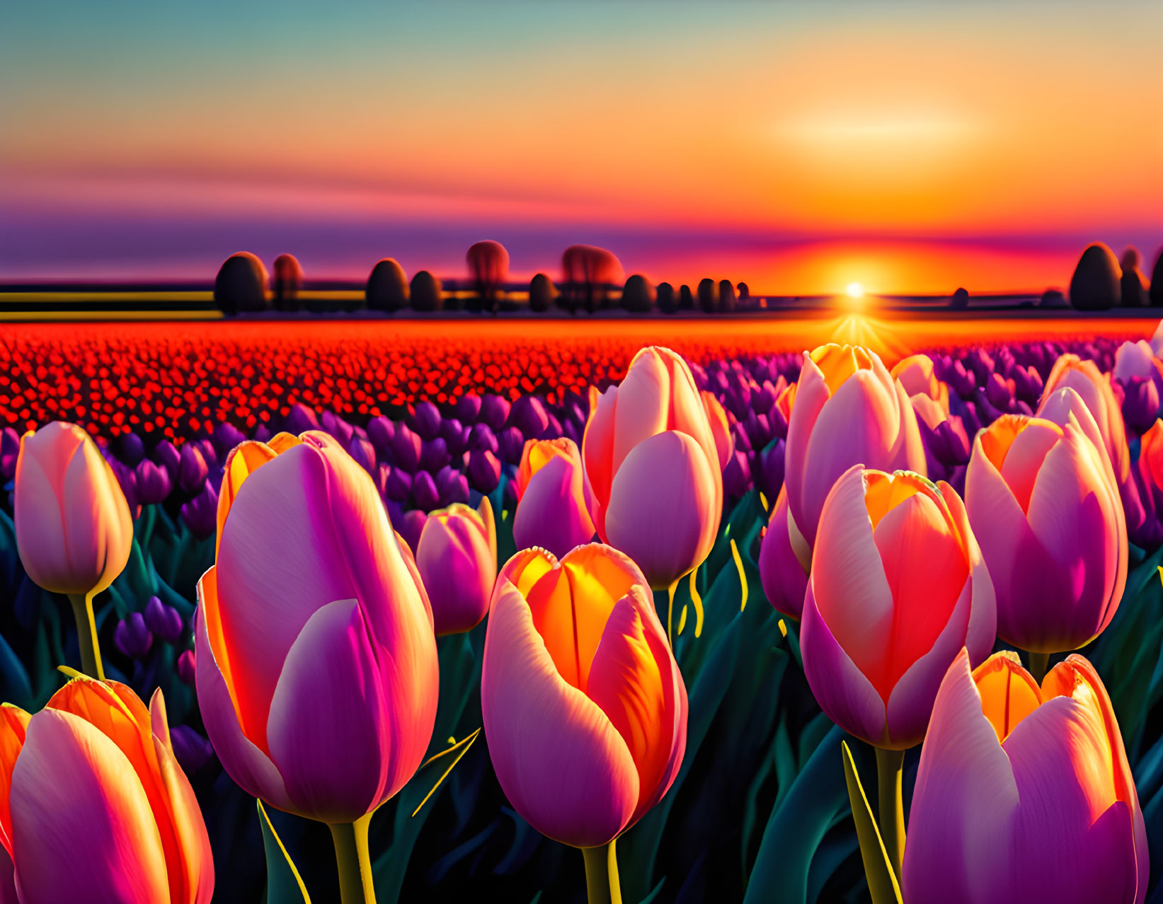 Colorful sunset over blooming tulip field with hay bales.