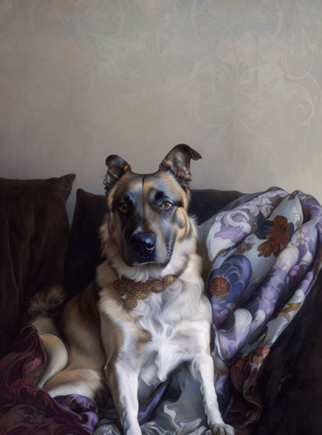 Regal dog sitting on ornate chair against floral wallpaper