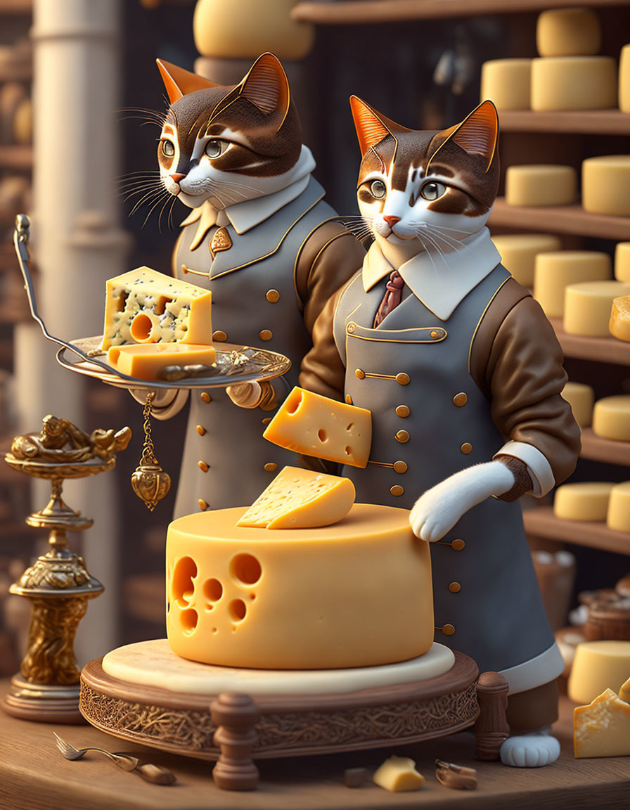 Anthropomorphic cats as cheesemongers in vintage scene surrounded by cheese wheels