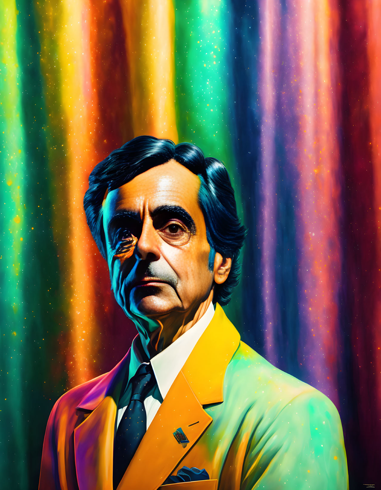 Dark-haired man in colorful suit against vibrant rainbow backdrop