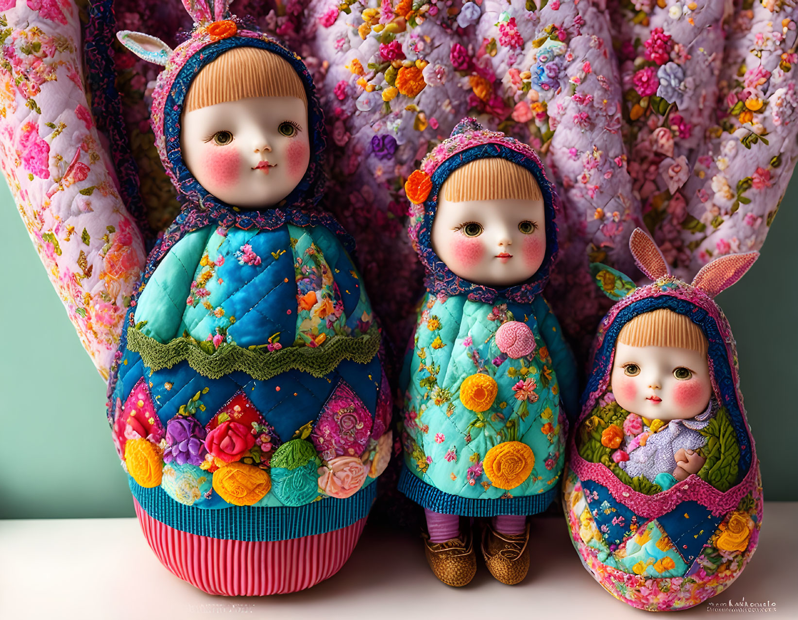 Floral Bunny Matryoshka Dolls on Floral Background