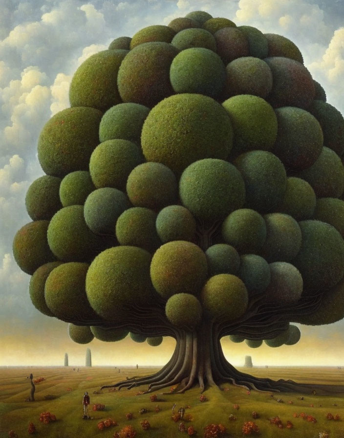 Surreal painting: Oversized rounded tree in lush green field