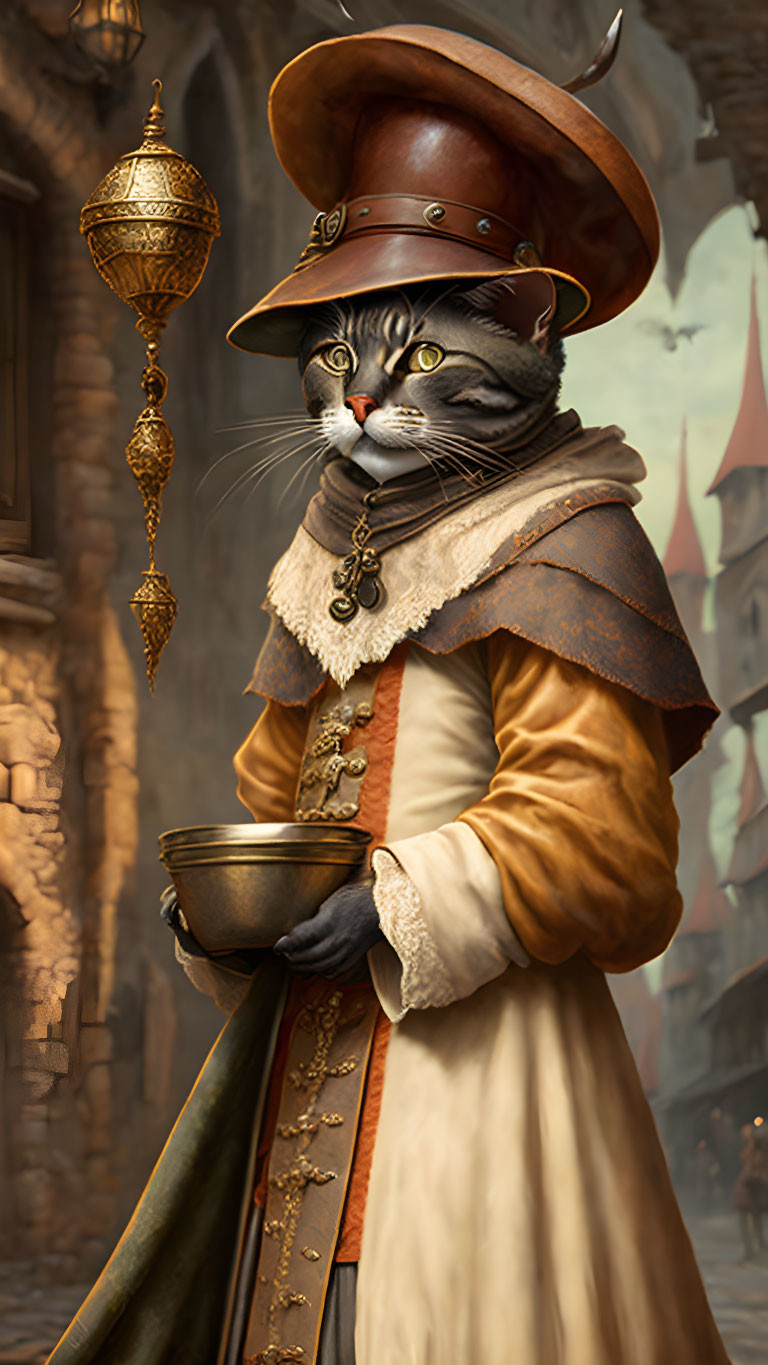 Anthropomorphic cat in historical attire with feathered hat and coin pouch on medieval street.