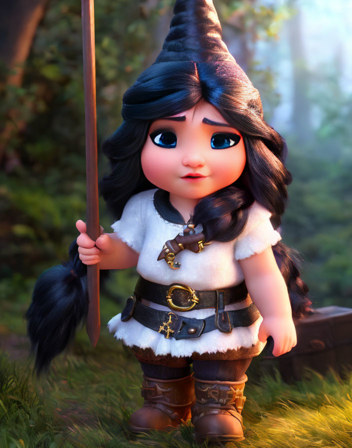 Fantasy animated gnome with spear in forest setting