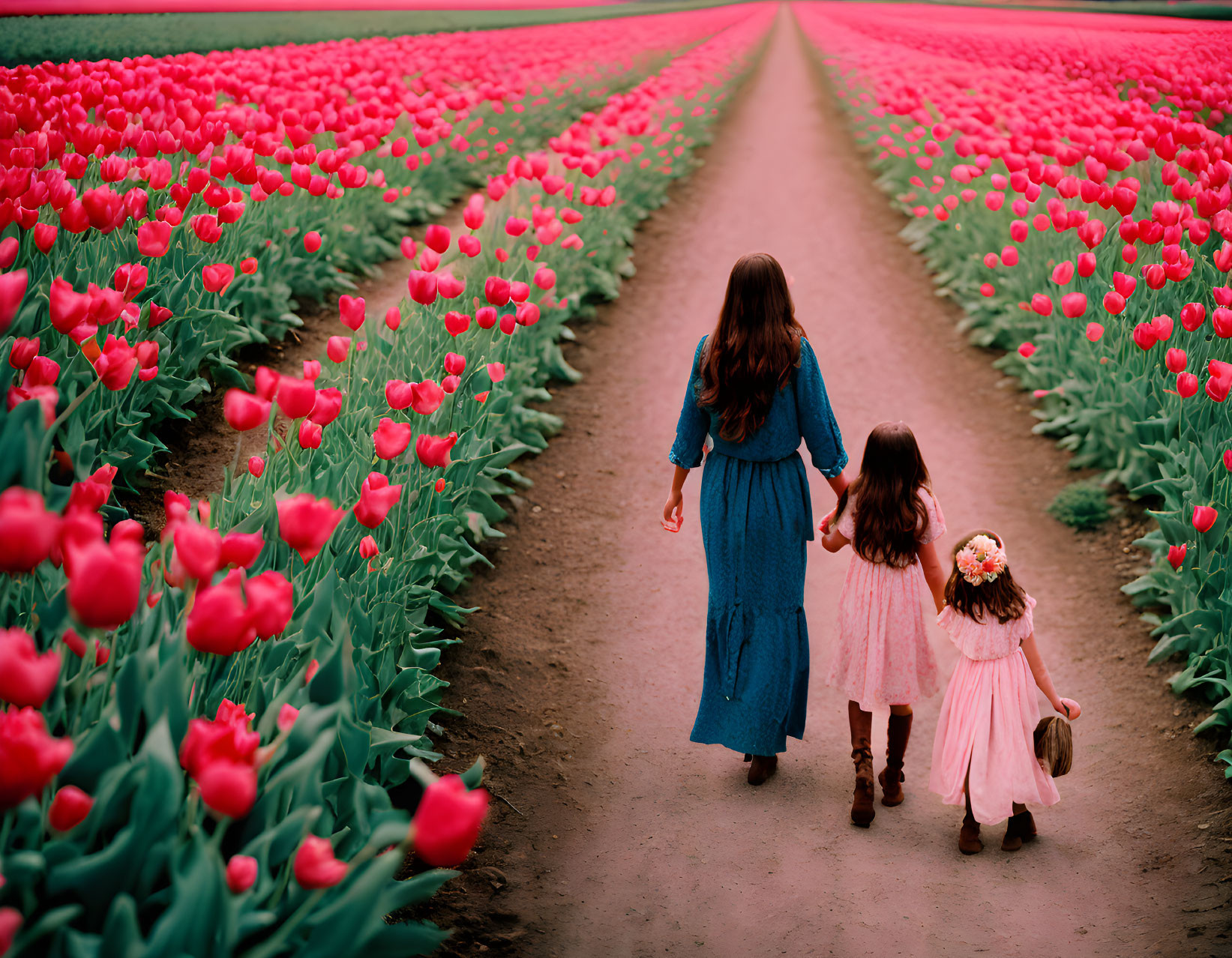Two girls walking hand in hand among red tulips in blue and pink dresses