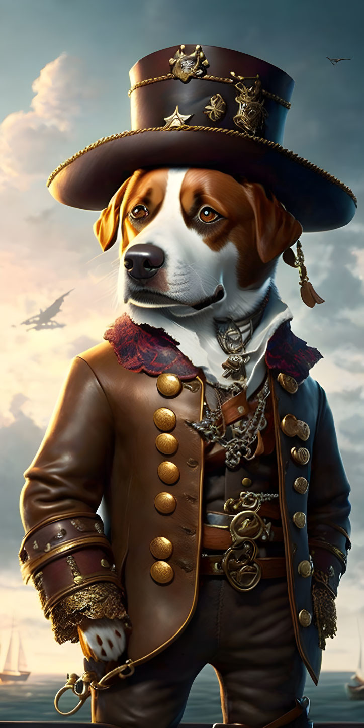 Digitally created image: Dog with human-like features as flamboyant pirate captain