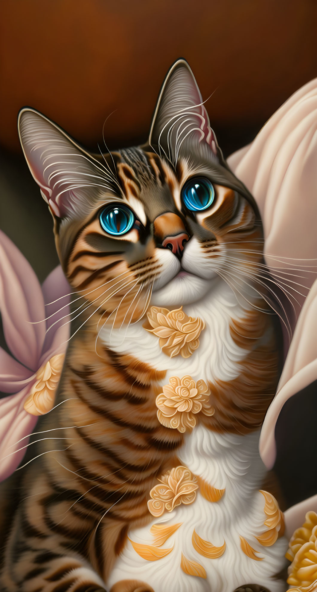 Brown Tabby Cat with Blue Eyes and Peach Flowers on Dark Background