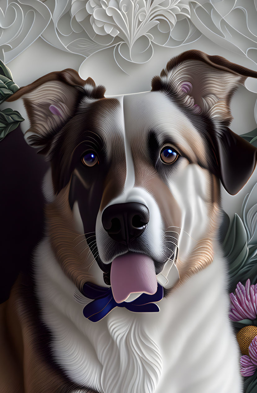 Tricolor Dog Digital Portrait with Glossy Coat and Ornamental Background